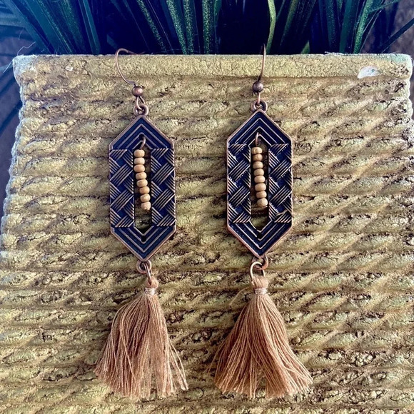 Jewelry - New neutral tone earrings tassel wood bead bronze earth girl earthy‎ fall metal